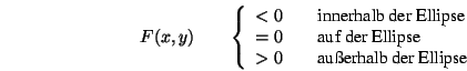 \begin{eqnarray*}
F(x,y)
&& \left\{\begin{array}{ll}
< 0 & \quad\mbox{innerhal...
... > 0 & \quad\mbox{au{\ss}erhalb der Ellipse}
\end{array}\right.
\end{eqnarray*}