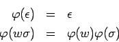 \begin{eqnarray*}
\varphi(\epsilon)&=&\epsilon\\
\varphi(w\sigma)&=&\varphi(w)\varphi(\sigma)
\end{eqnarray*}