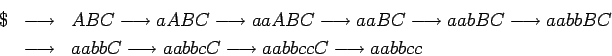 \begin{eqnarray*}
\$&\longrightarrow &ABC\longrightarrow aABC\longrightarrow aa...
...ngrightarrow aabbcC\longrightarrow aabbccC\longrightarrow aabbcc
\end{eqnarray*}