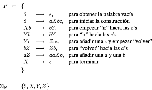 \begin{eqnarray*}
P &=&\{\\
&&
\begin{array}{lcll}
\$ &\longrightarrow & \epsil...
...a terminar}
\end{array} &&\} \\
&&\\
\Sigma_N&=&\{\$,X,Y,Z\}
\end{eqnarray*}