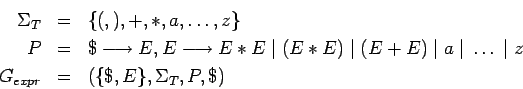 \begin{eqnarray*}
\Sigma_T&=&\{(,),+,*,a,\dots,z\} \\
P &=& { \$\longrightarrow...
...;\vert\;\dots\;\vert\;z }\\
G_{expr}&=&(\{\$,E\},\Sigma_T,P,\$)
\end{eqnarray*}