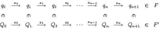 \begin{displaymath}
\begin{array}{ccccccccccccc}
q_0 & \stackrel{x_{0}}{\longr...
...}{\longrightarrow } & Q_{n+1} & \in & F^\prime \\
\end{array}\end{displaymath}