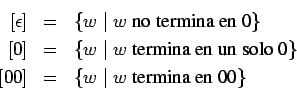 \begin{eqnarray*}[\epsilon]&=&\{w\;\vert\;w \mbox{ no termina en 0}\} \\
{}[0]&...
... un solo 0}\} \\
{}[00]&=&\{w\;\vert\;w \mbox{ termina en 00}\}
\end{eqnarray*}