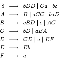 \begin{eqnarray*}
\$ &\longrightarrow & bDD\;\vert\;Ca\;\vert\;bc \\
A &\longri...
...;\vert\;EF \\
E &\longrightarrow & Eb\\
F &\longrightarrow & a
\end{eqnarray*}