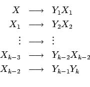 \begin{eqnarray*}
X&\longrightarrow &Y_1X_1\\
X_1&\longrightarrow &Y_2X_2\\
\v...
...tarrow &Y_{k-2}X_{k-2}\\
X_{k-2}&\longrightarrow &Y_{k-1}Y_k\\
\end{eqnarray*}