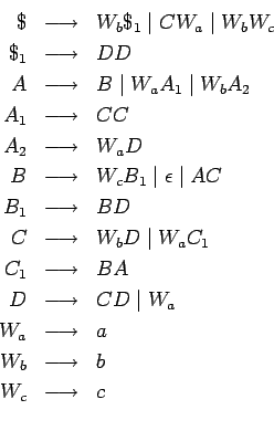 \begin{eqnarray*}
\$ &\longrightarrow & W_b\$_1\;\vert\;CW_a\;\vert\;W_bW_c \\
...
...tarrow &a\\
W_b&\longrightarrow &b\\
W_c&\longrightarrow &c\\
\end{eqnarray*}