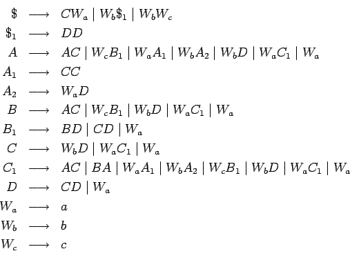 \begin{eqnarray*}
\$ &\longrightarrow & CW_a\;\vert\;W_b\$_1\;\vert\;W_bW_c \\
...
...tarrow &a\\
W_b&\longrightarrow &b\\
W_c&\longrightarrow &c\\
\end{eqnarray*}