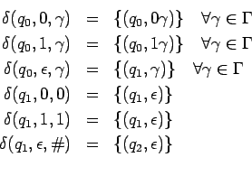 \begin{eqnarray*}
\delta(q_0,0,\gamma) &=& \{(q_0,0\gamma)\}\quad\forall\gamma\i...
...)\} \\
\delta(q_1,\epsilon,\char93 ) &=& \{(q_2,\epsilon)\} \\
\end{eqnarray*}