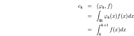 \begin{eqnarray*}
c_k &=& \langle\varphi_k,f\rangle \\
&=& \int_\bbbr \varphi_k(x)f(x)dx\\
&=& \int_k^{k+1}f(x)dx
\end{eqnarray*}