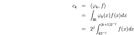 \begin{eqnarray*}
c_k &=& \langle\varphi_k,f\rangle \\
&=& \int_\bbbr \varphi_k(x)f(x)dx\\
&=& 2^j\int_{k2^{-j}}^{(k+1)2^{-j}}f(x)dx
\end{eqnarray*}