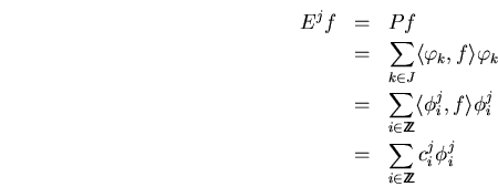 \begin{eqnarray*}
E^jf &=& Pf \\
&=&
\sum_{k\in J}\langle\varphi_k,f\rangle ...
...hi_i^j,f\rangle \phi_i^j \\
&=&
\sum_{i\in\bbbz}c_i^j\phi_i^j
\end{eqnarray*}