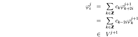 \begin{eqnarray*}
\varphi_i^j&=&\sum_{k\in\bbbz}c_k\varphi_{k+2i}^{j+1} \\
&=&\sum_{k\in\bbbz}c_{k-2i}\varphi_{k}^{j+1}\\
&\in&V^{j+1}
\end{eqnarray*}