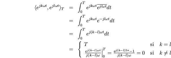 \begin{eqnarray*}
\langle e^{jk\omega t},e^{jl\omega t}\rangle _T
&=& \int_0^Te...
...{e^{j(k-l)2\pi}-1}{j(k-l)\omega}=0 & k\not=l
\end{array}\right.
\end{eqnarray*}