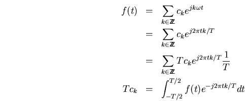 \begin{eqnarray*}
f(t)&=&
\sum_{k\in\bbbz}c_ke^{jk\omega t} \\
&=&
\sum_{k\i...
...frac{1}{T} \\
Tc_k &=&
\int_{-T/2}^{T/2}f(t)e^{-j2\pi t k/T}dt
\end{eqnarray*}